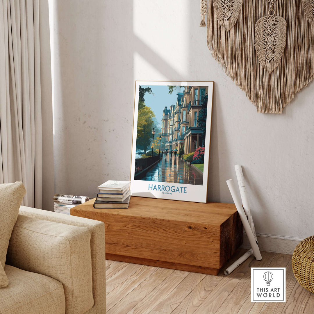 Harrogate Yorkshire Victorian Terrace Art Print | Rainy Street Poster displayed in a cozy living room setting.