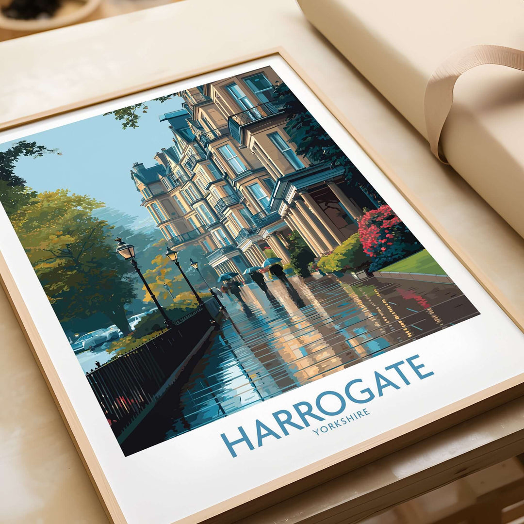 Harrogate Yorkshire Victorian Terrace Art Print | Rainy Street Poster showcasing elegant Victorian architecture on a rainy day.