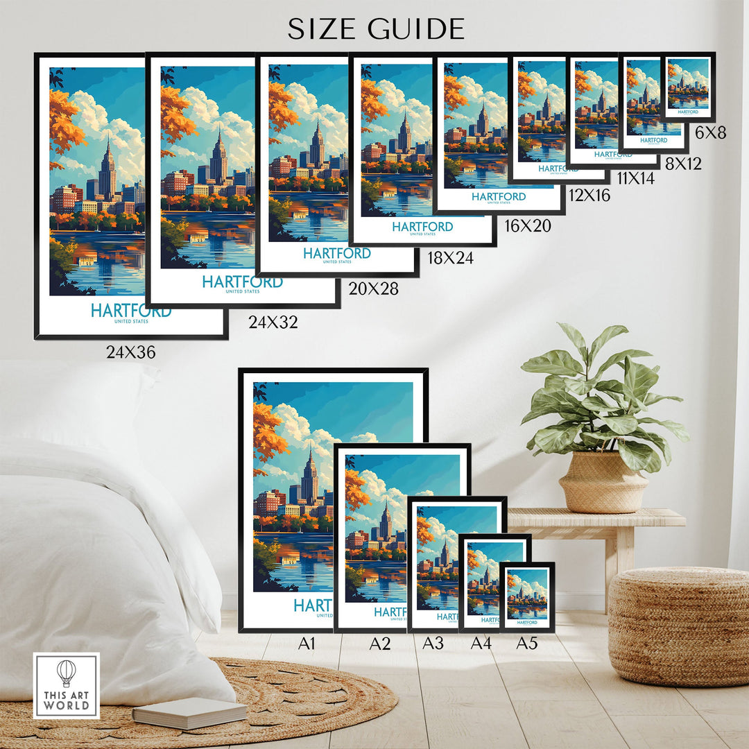 "Hartford Poster Connecticut size guide showing multiple print dimensions for detailed home decor"