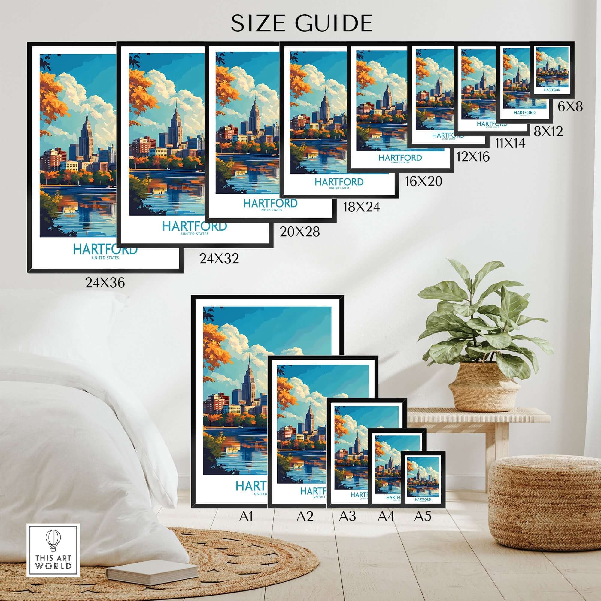 Size guide for Hartford Poster Connecticut prints showcasing various dimensions and styles.