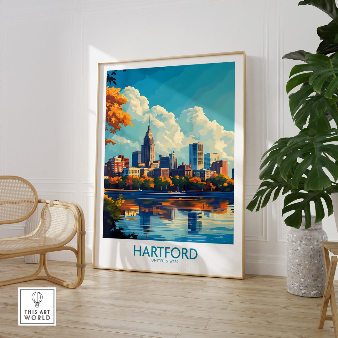 Hartford Connecticut poster showcasing city skyline and autumn colors in a decorative room setting.