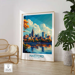 Hartford Poster Connecticut displayed in a stylish interior, showcasing the beauty of Hartford's skyline and culture.