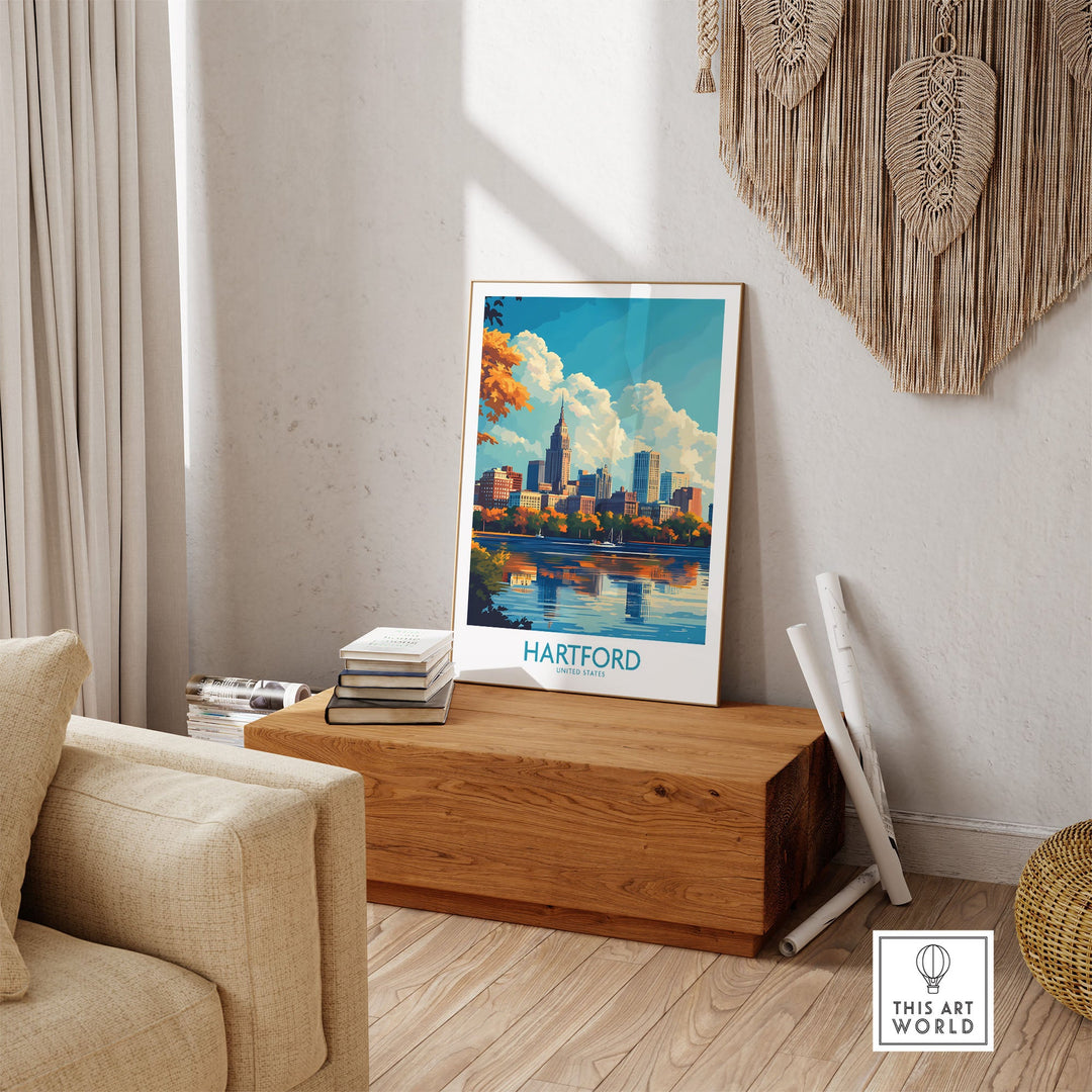 Hartford Poster featuring historic architecture and vibrant culture displayed in a cozy living room setting.