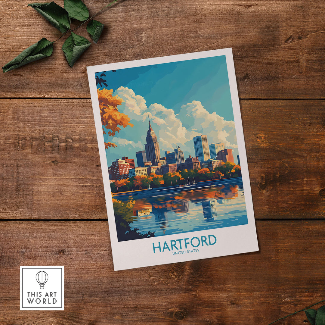 Hartford Poster featuring city skyline and fall foliage, capturing the vibrant culture and historic architecture of Hartford, Connecticut.