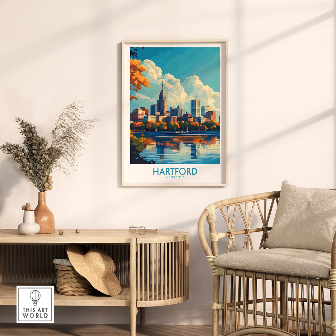 Hartford Poster depicts historic architecture and skyline in a cozy room setting, perfect for Connecticut travel enthusiasts.