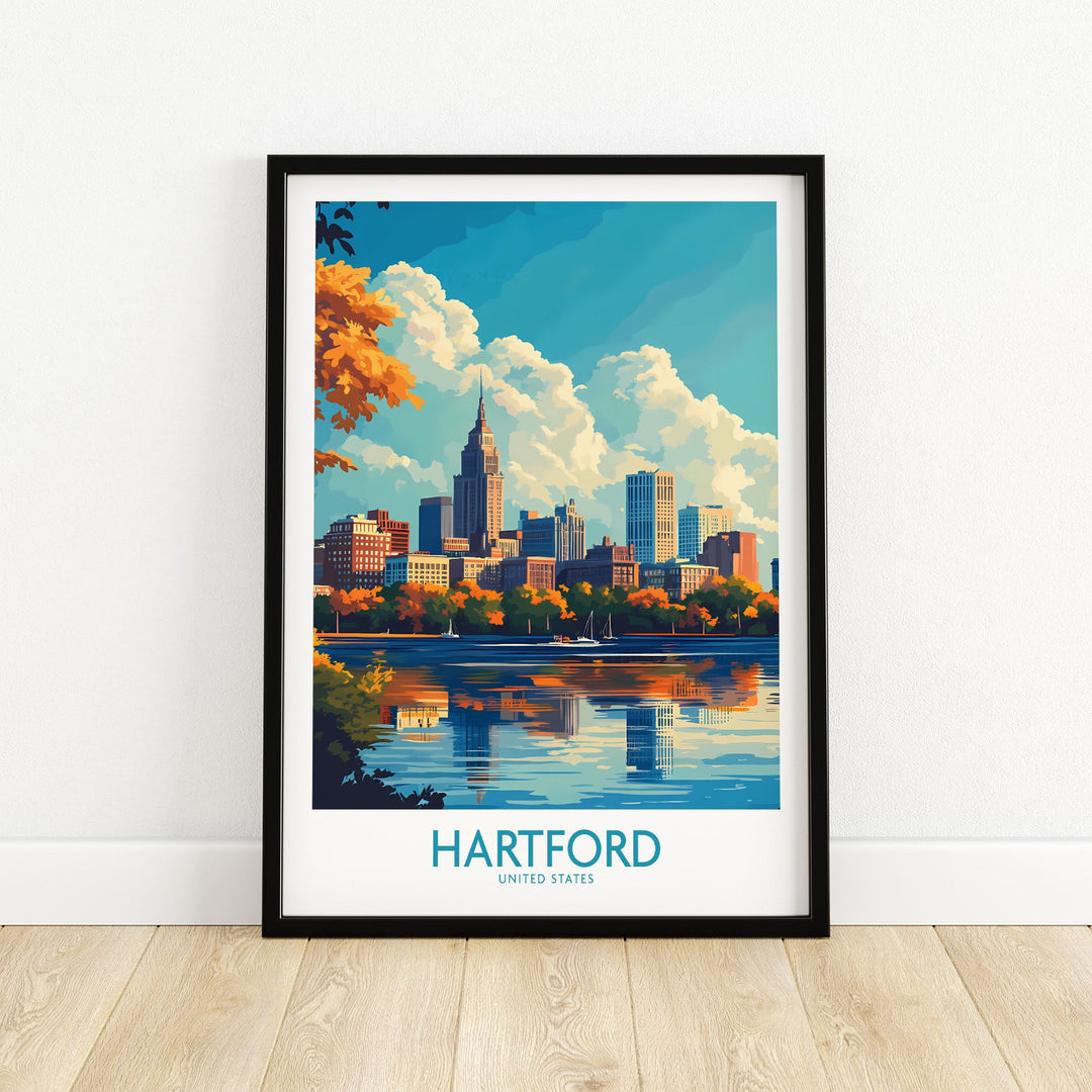 Hartford Poster featuring city skyline and river, capturing the essence of Hartford, Connecticut with vibrant colors and historic architecture.