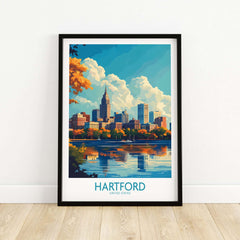 Hartford Poster Connecticut showcasing Hartford skyline with vibrant colors and reflection on water.