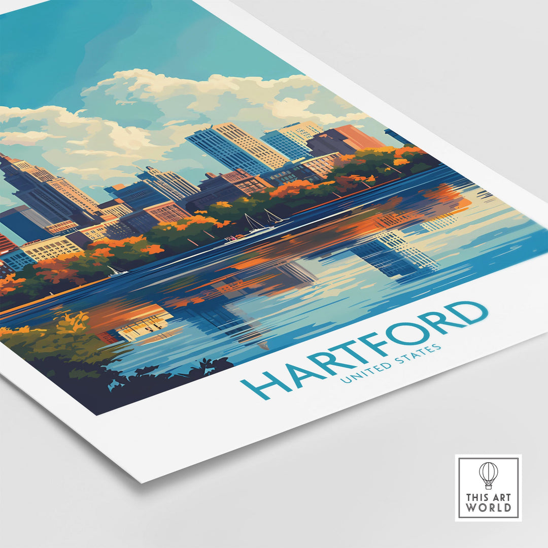 Hartford Poster featuring city skyline and river, showcasing vibrant autumn colors and historic architecture. Perfect travel decor.