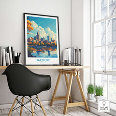 Hartford Poster Connecticut displayed in a modern office setting with a stylish chair and desk.