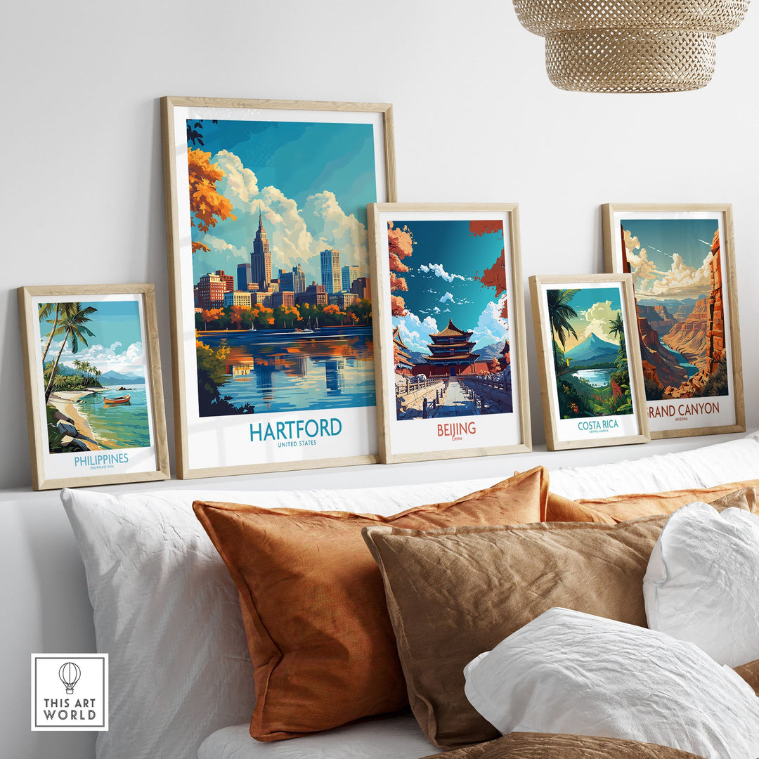 Hartford Poster in modern room setting alongside travel posters featuring Beijing, Costa Rica, Philippines, and Grand Canyon.