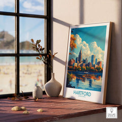 Hartford Poster Connecticut displayed by a window with a view of the beach, showcasing Hartford's skyline and reflections.