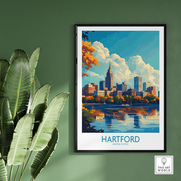 Hartford skyline poster in vibrant colors framed on green wall, featuring cityscape and river reflection. Connecticut wall art decor.