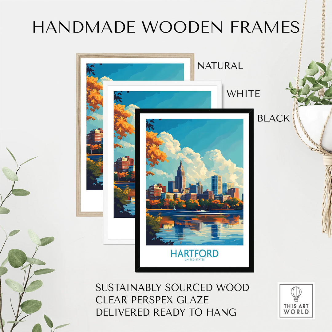 Hartford poster in handmade wooden frames with scenic city view, featuring sustainably sourced wood and ready-to-hang design.