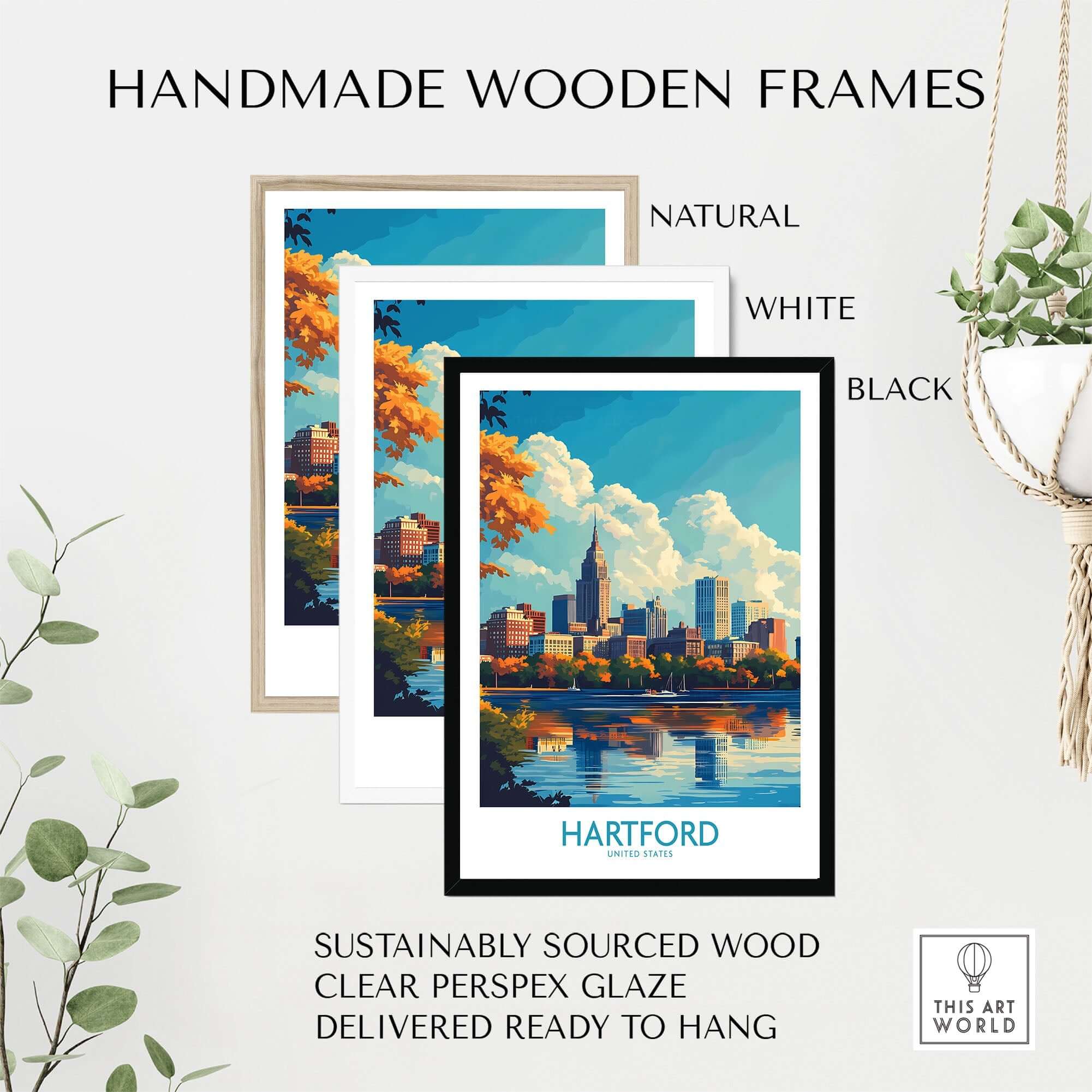 Hartford Poster Connecticut displayed in handmade wooden frames, showcasing Hartford's vibrant cityscape and natural beauty.