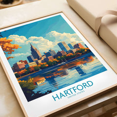 Hartford Poster Connecticut showcasing Hartford's skyline and reflection, vibrant colors and historic architecture.