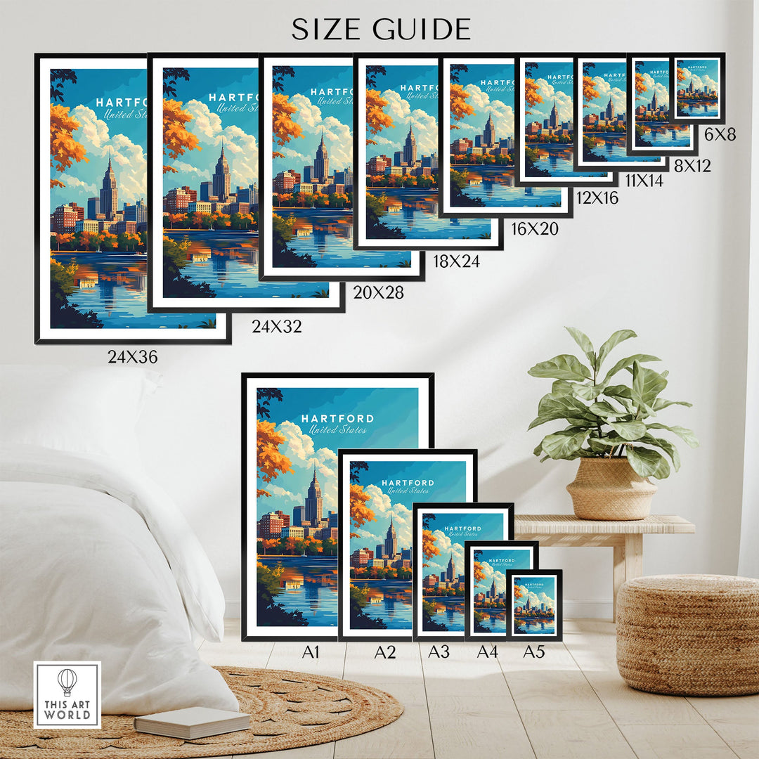 Hartford skyline print size guide featuring various poster dimensions, perfect d��cor for home or office, vibrant Connecticut cityscape.