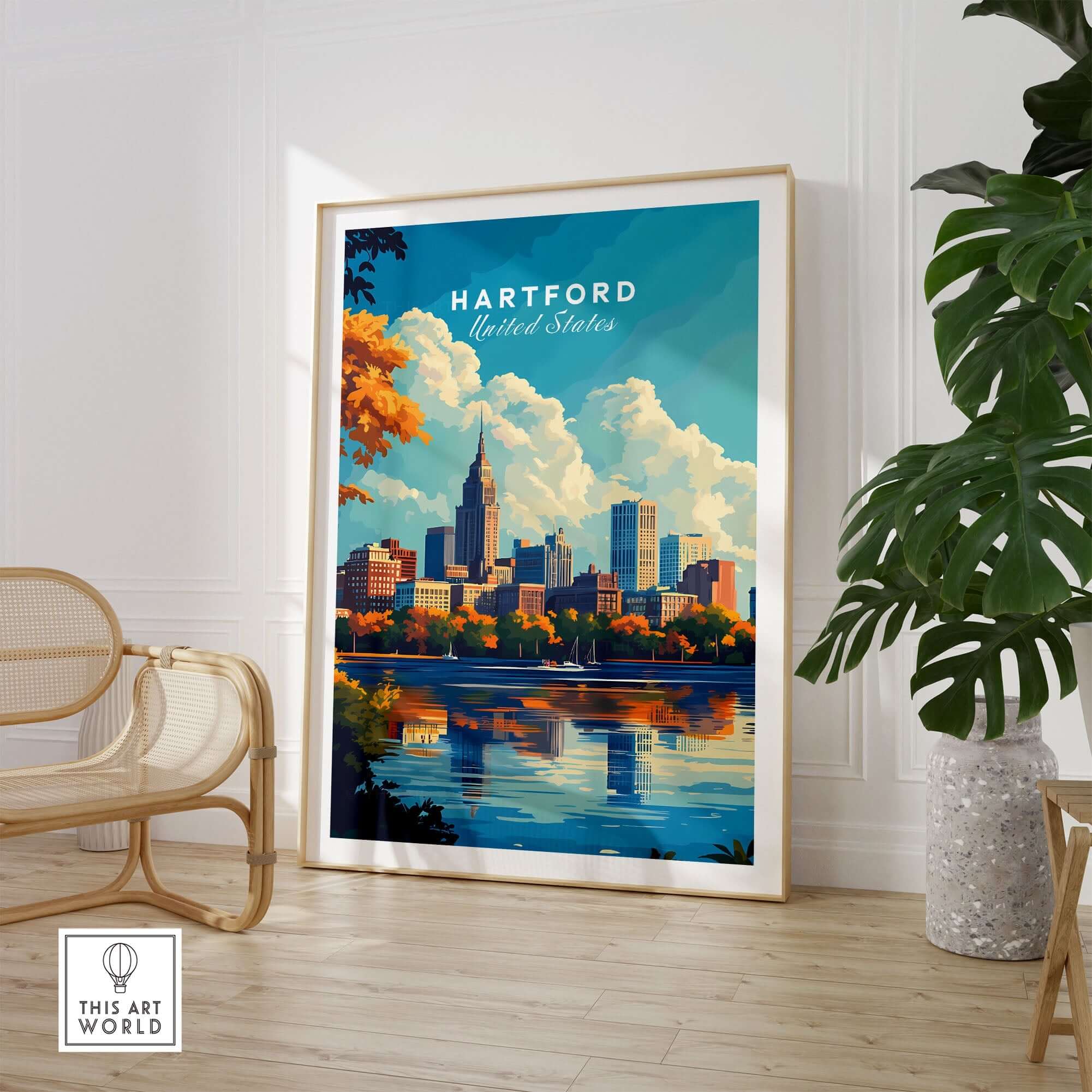 Hartford Print Connecticut vibrant skyline poster showcasing the beauty of Hartford, Connecticut.