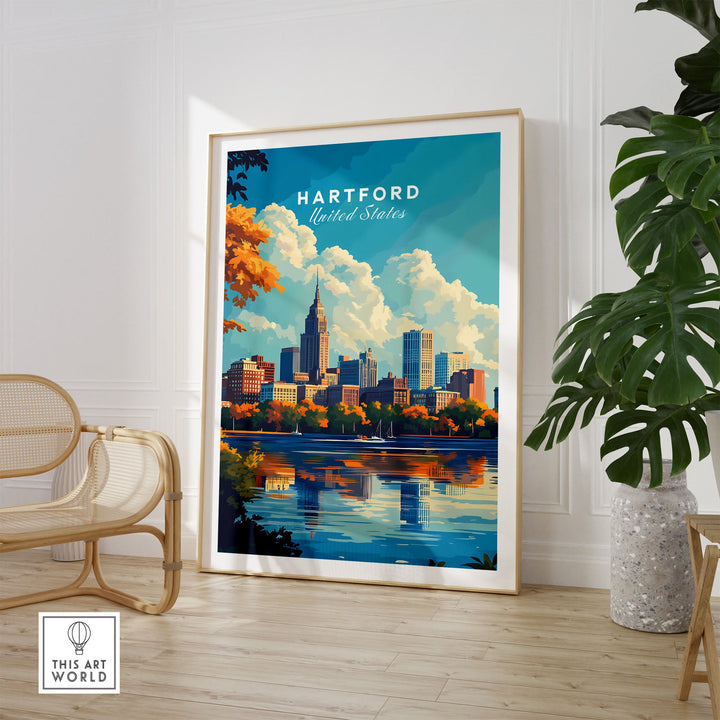 Hartford skyline poster in wooden frame, showcasing cityscape and vibrant colors, perfect for home or office decor.