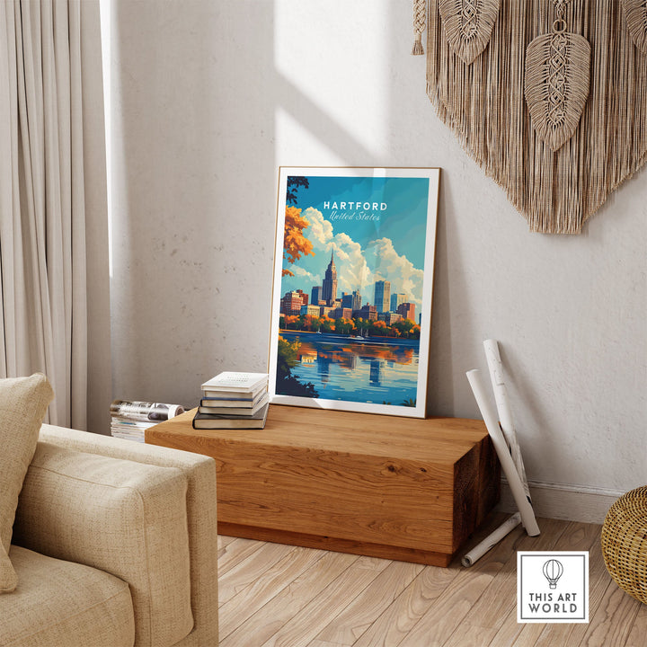 Hartford skyline poster in modern living room, showcasing Connecticut's beauty.