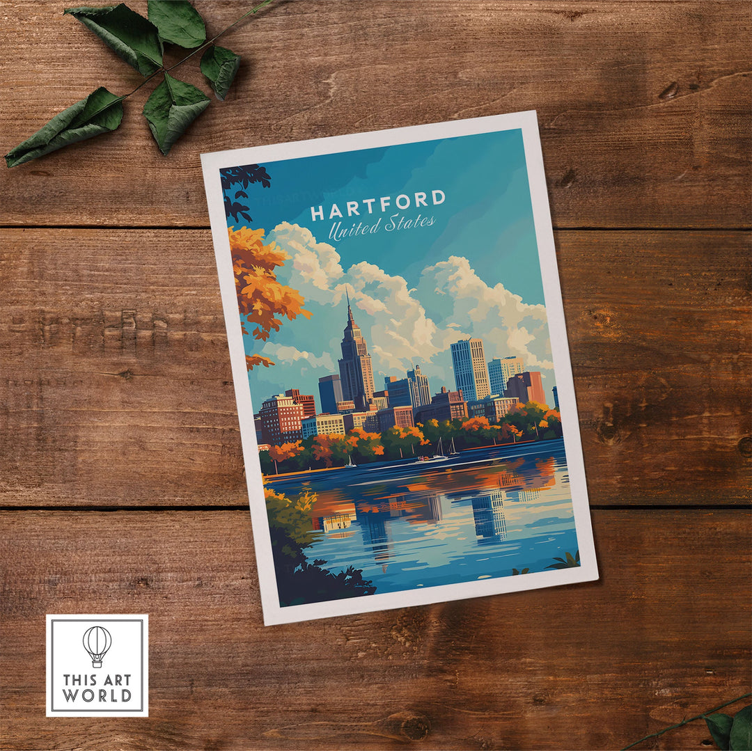 Hartford skyline poster featuring vibrant cityscape and reflections, perfect for home or office decor.