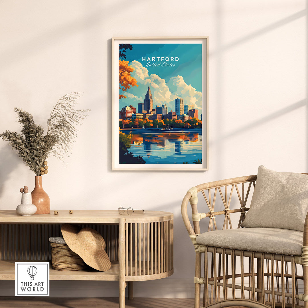 Hartford skyline poster, vibrant cityscape art print, Connecticut travel decor in modern home setting, USA travel posters.