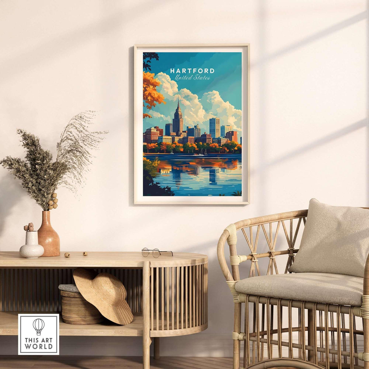 Hartford Print Connecticut skyline poster showcasing vibrant cityscape and reflections in water.