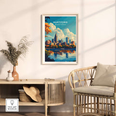 Hartford Print Connecticut skyline poster showcasing vibrant cityscape and reflections in water.