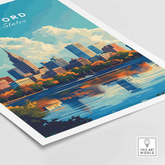 Hartford Print Connecticut skyline poster featuring vibrant cityscape and reflections in water.