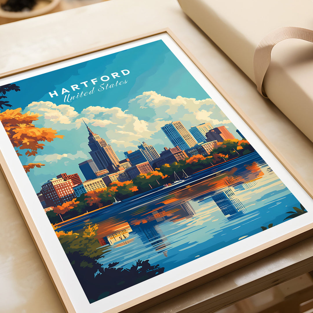 Hartford skyline poster featuring colorful cityscape reflection, perfect for home or office decor. Travel Posters USA.