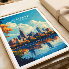 Hartford Print Connecticut skyline poster showcasing the beauty of Hartford in vibrant colors.