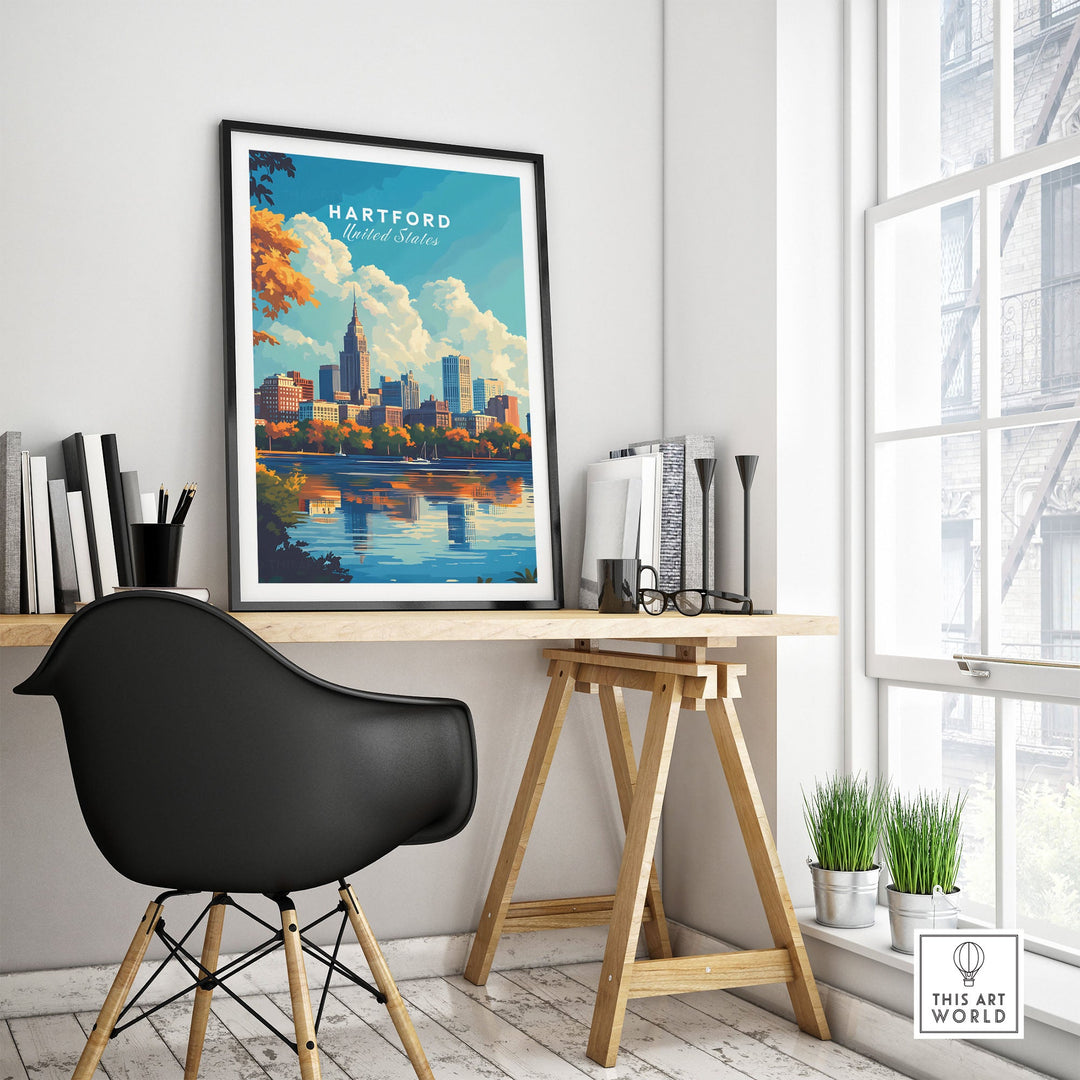 Hartford skyline poster in a modern home office setting, showcasing Connecticut's vibrant cityscape and decor inspiration.