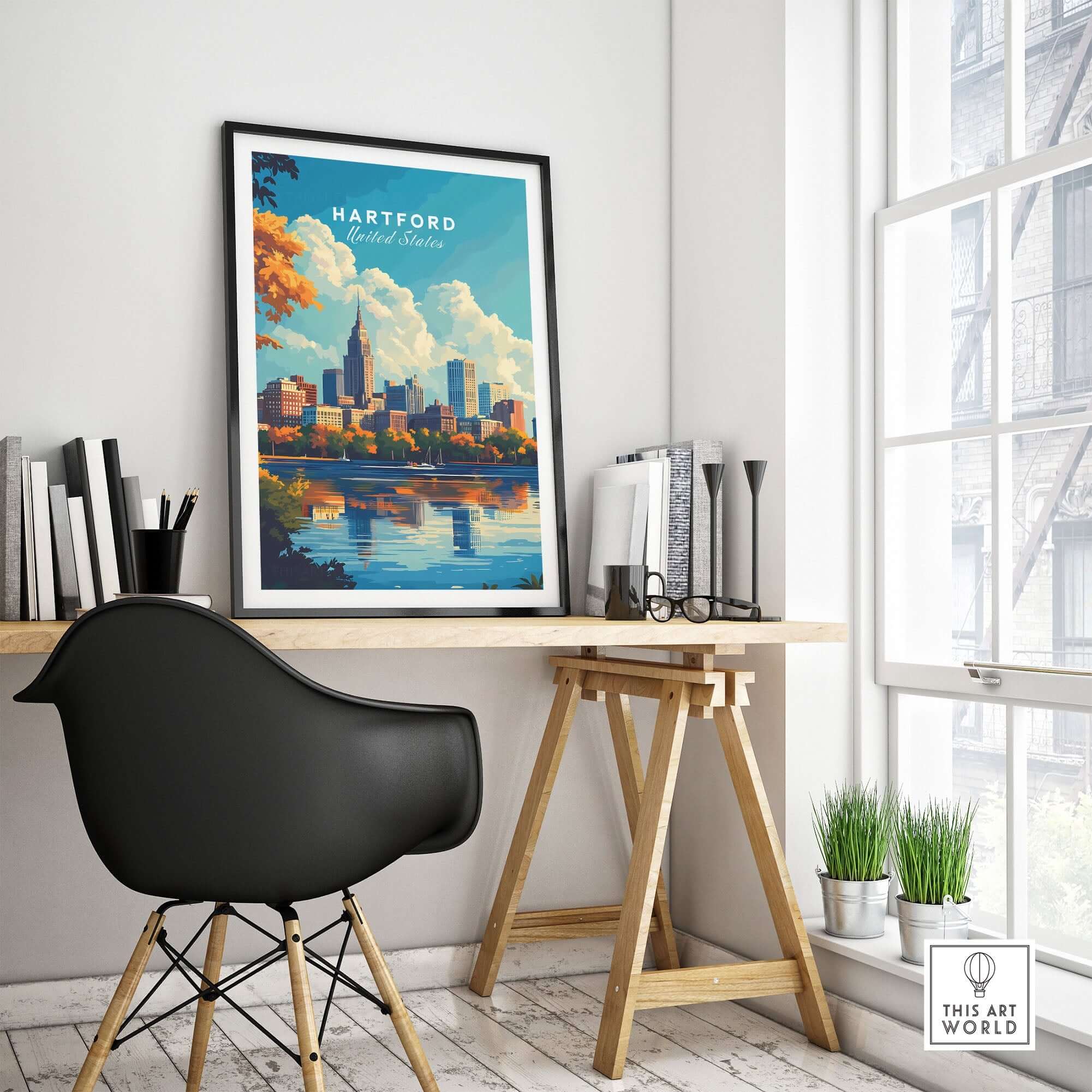Hartford Print Connecticut skyline poster showcased in modern office setting with stylish furniture and greenery.