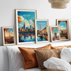 Hartford Print Connecticut showcased in a chic home decor setting with various travel posters.