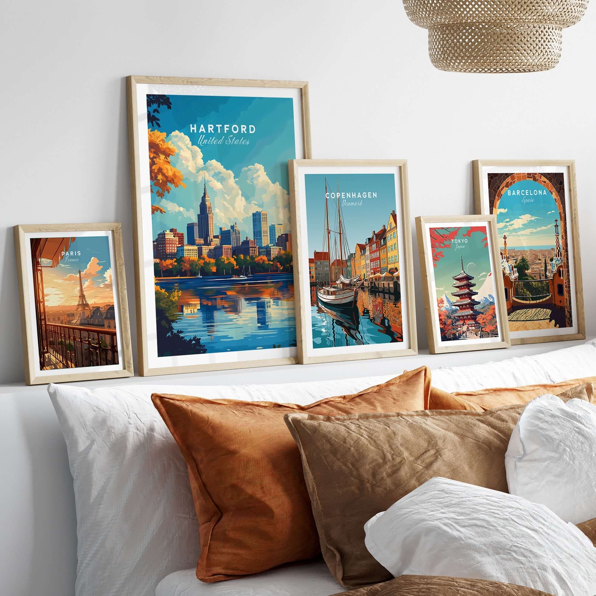 Hartford Print Connecticut showcased in a chic home decor setting with various travel posters.