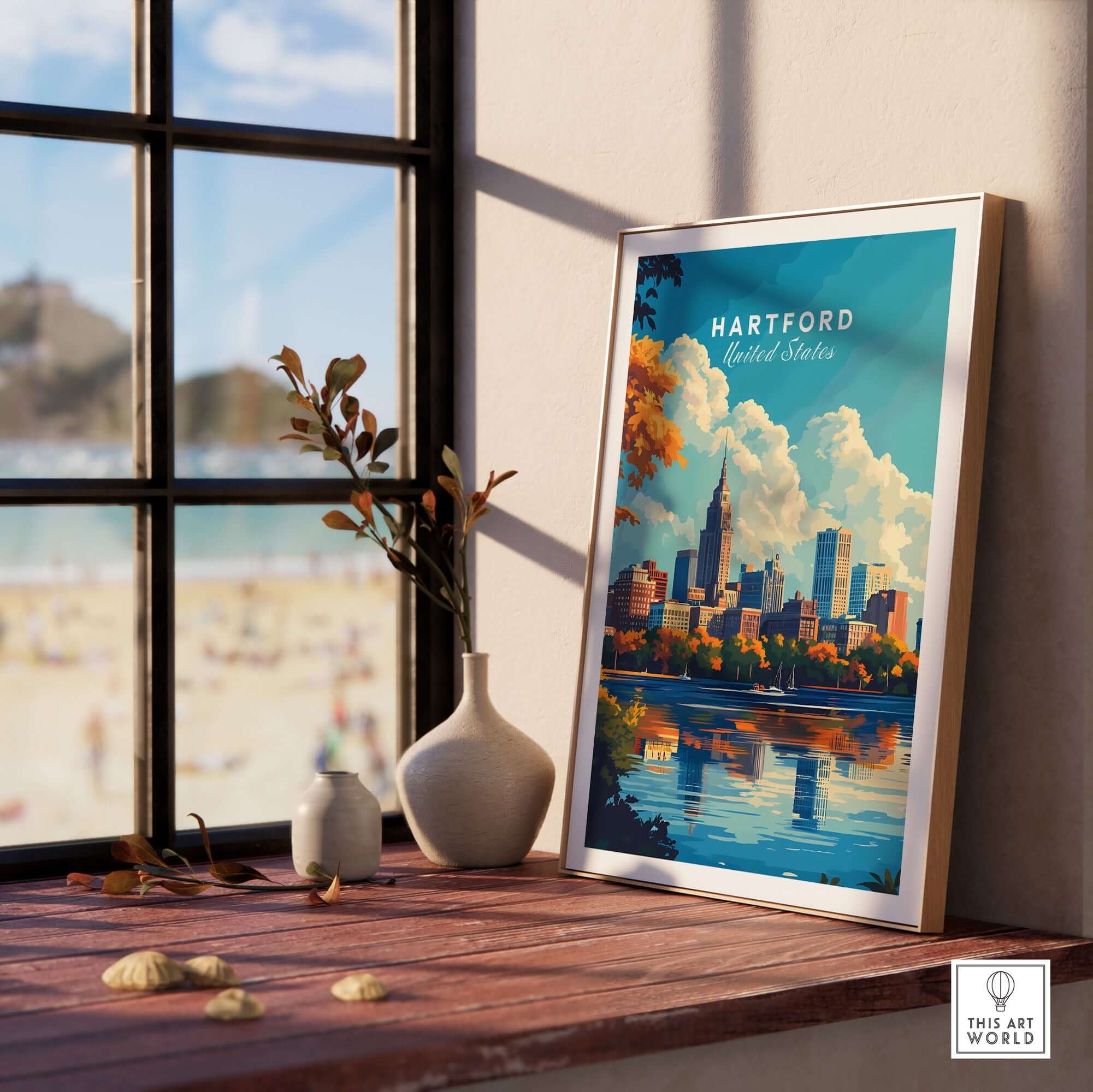 Hartford Print Connecticut stunning skyline poster in a cozy interior setting with sunny beach view.
