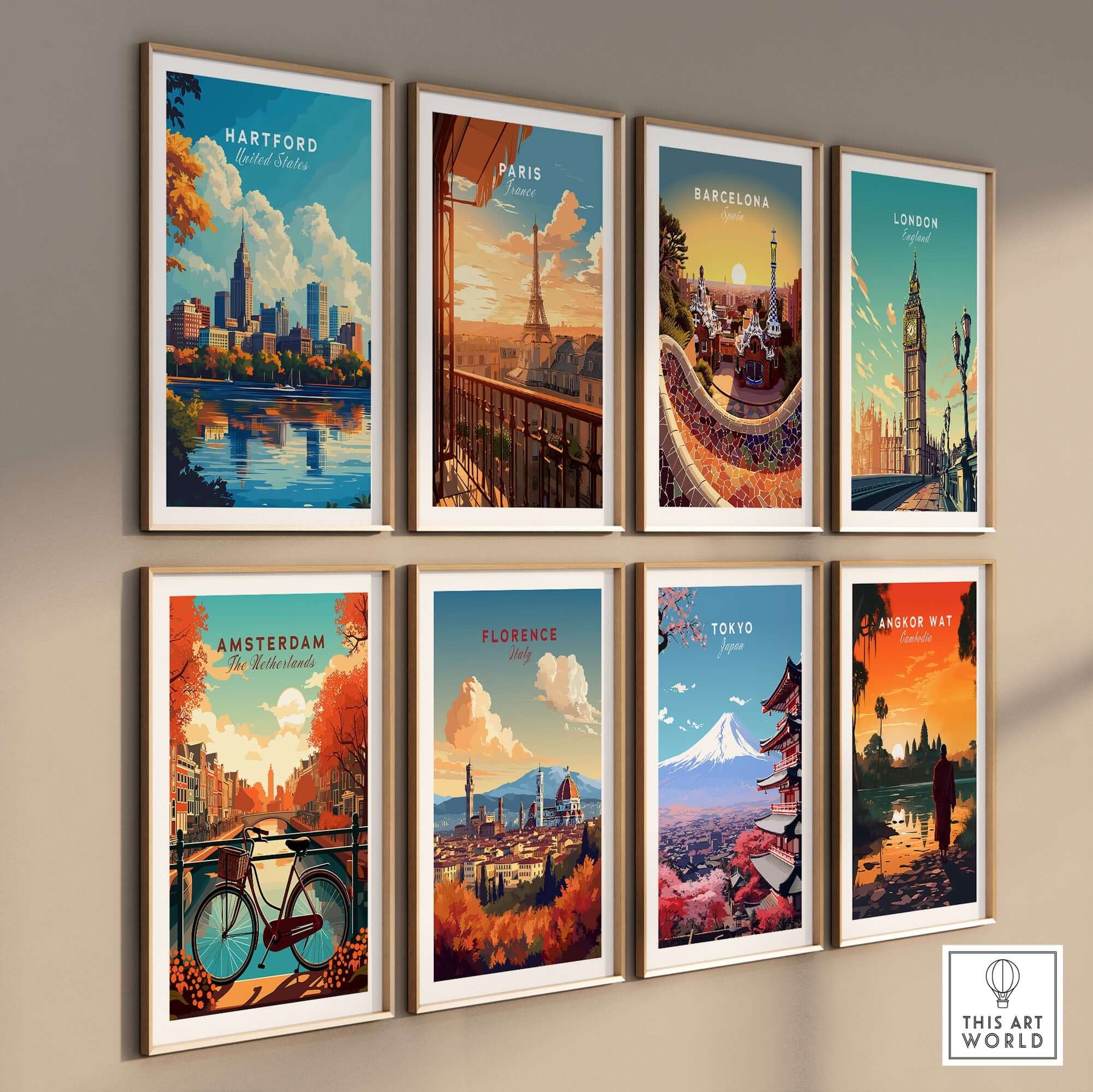 Framed travel posters including Hartford Print Connecticut, showcasing various iconic city skylines.