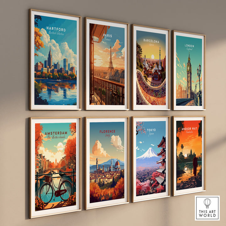 Gallery wall of travel posters featuring Hartford, Paris, Barcelona, London, Amsterdam, Florence, Tokyo, and Angkor Wat.