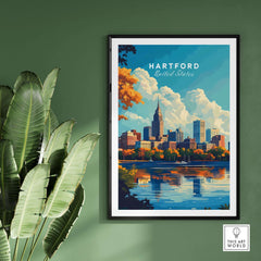 Hartford Print Connecticut skyline poster featuring vibrant colors and scenic river reflection.