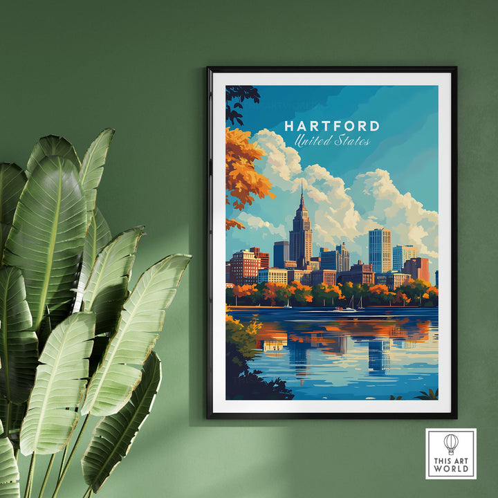 Hartford skyline poster showcasing vibrant cityscape in Connecticut with lush greenery, framed and displayed on a green wall.