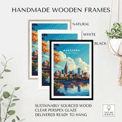 Hartford Print Connecticut in handmade wooden frames showcasing the iconic skyline of Hartford, Connecticut.