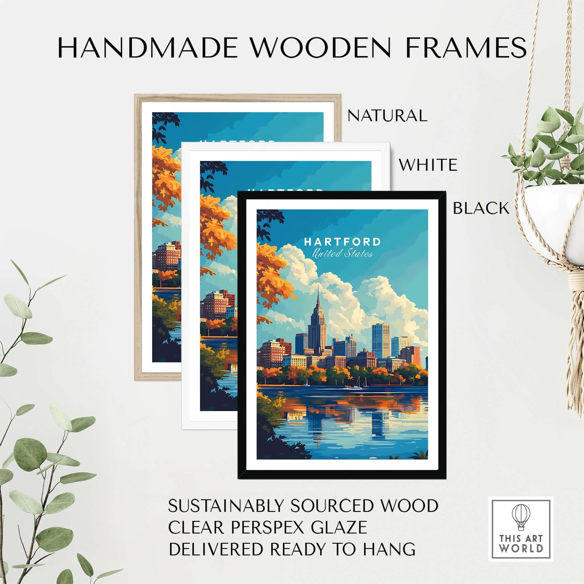 Hartford Print Connecticut in handmade wooden frames showcasing the iconic skyline of Hartford, Connecticut.