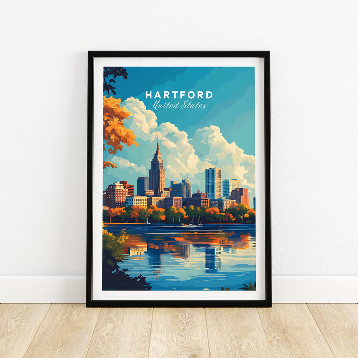 Hartford Connecticut skyline poster in frame, showcasing vibrant city scene with autumn foliage, ideal for home or office decor.