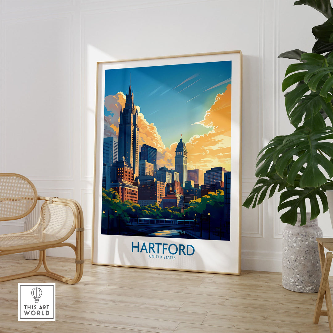 Hartford travel poster with iconic landmarks and vibrant colors, perfect wall art print for travel lovers looking to decorate their home.