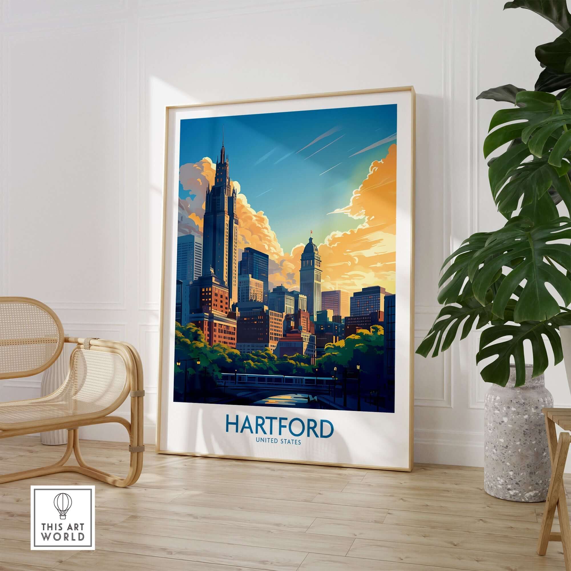 Hartford Travel Poster showcasing Hartford's iconic skyline and landmarks in vibrant colors, perfect for wall art.