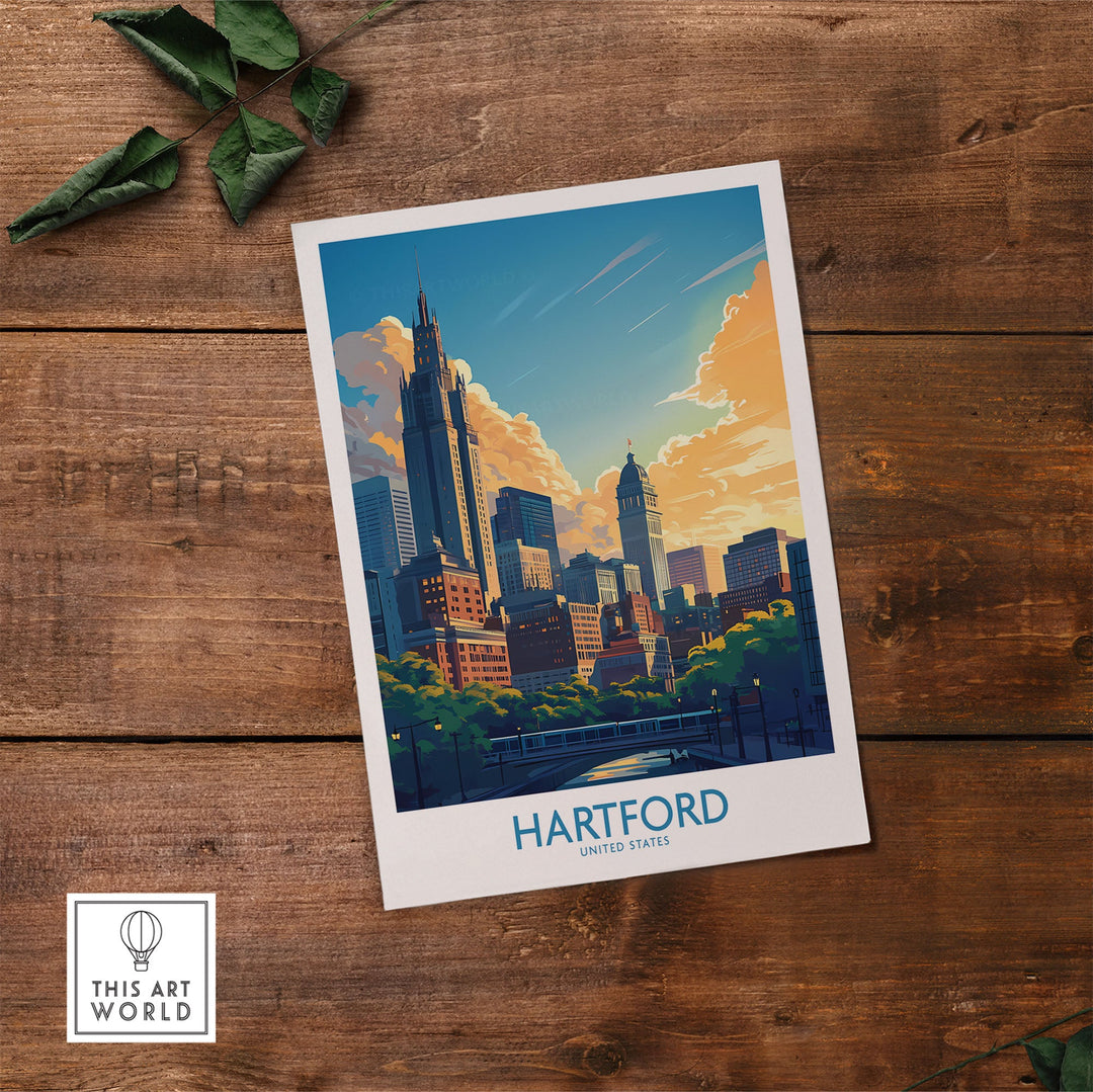 Hartford travel poster on wooden table, showcasing city skyline with vibrant skies, perfect for wall art and travel enthusiasts.