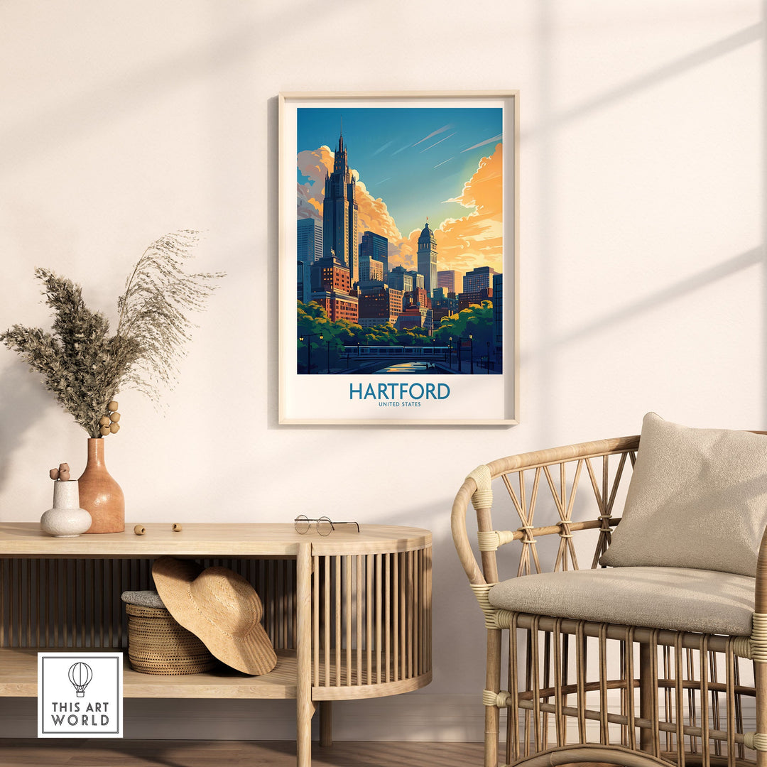 Hartford travel poster wall art featuring vibrant city skyline, perfect decor for travel enthusiasts and home inspiration.