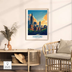 Hartford Travel Poster displayed in a stylish living room setting with vibrant colors and iconic landmarks.