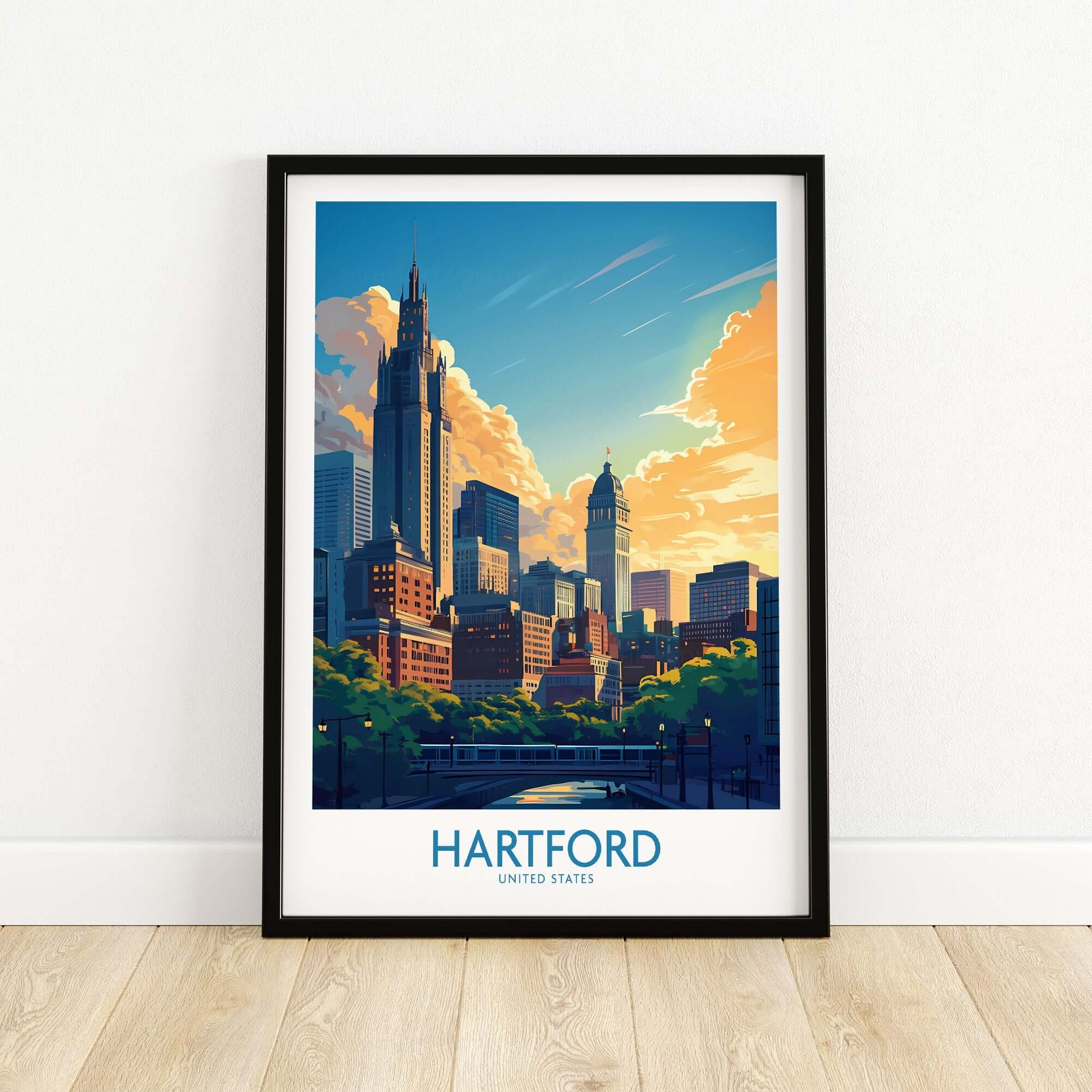 Hartford Travel Poster featuring a vibrant illustration of Hartford's skyline and landmarks.