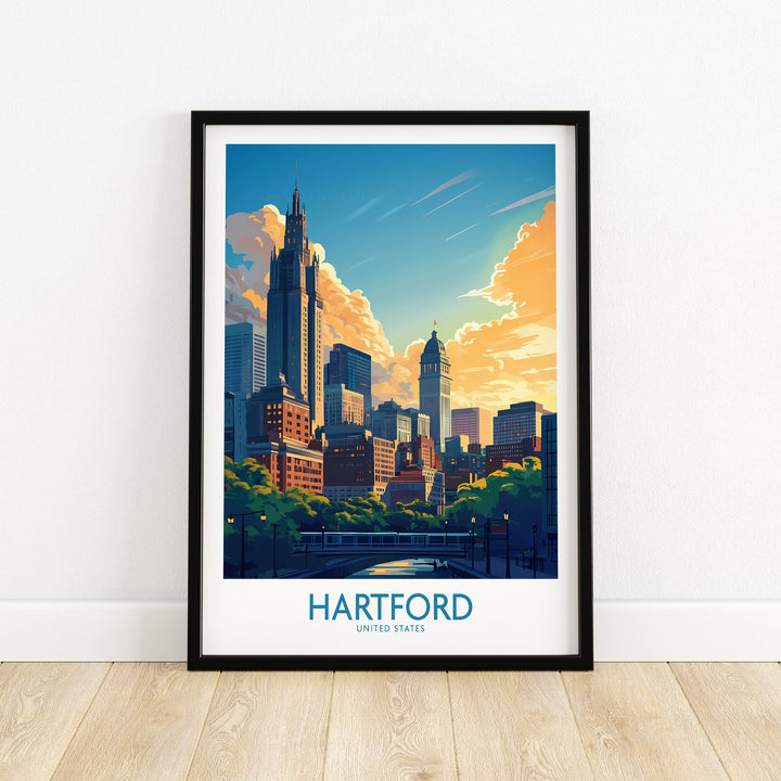 Hartford travel poster with city skyline and vibrant colors, perfect wall art for travel enthusiasts and home decor.