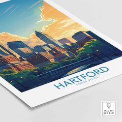 Hartford Travel Poster showcasing the skyline of Hartford with vibrant sunset colors and iconic landmarks.